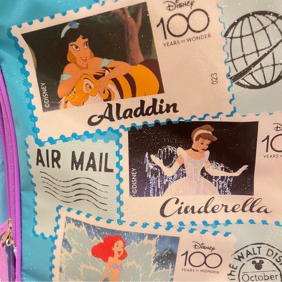 Disney 100 Year Anniversary Kids Travel Bag On Wheels Purple Blue Air Mail Stamp - Picture 3 of 11